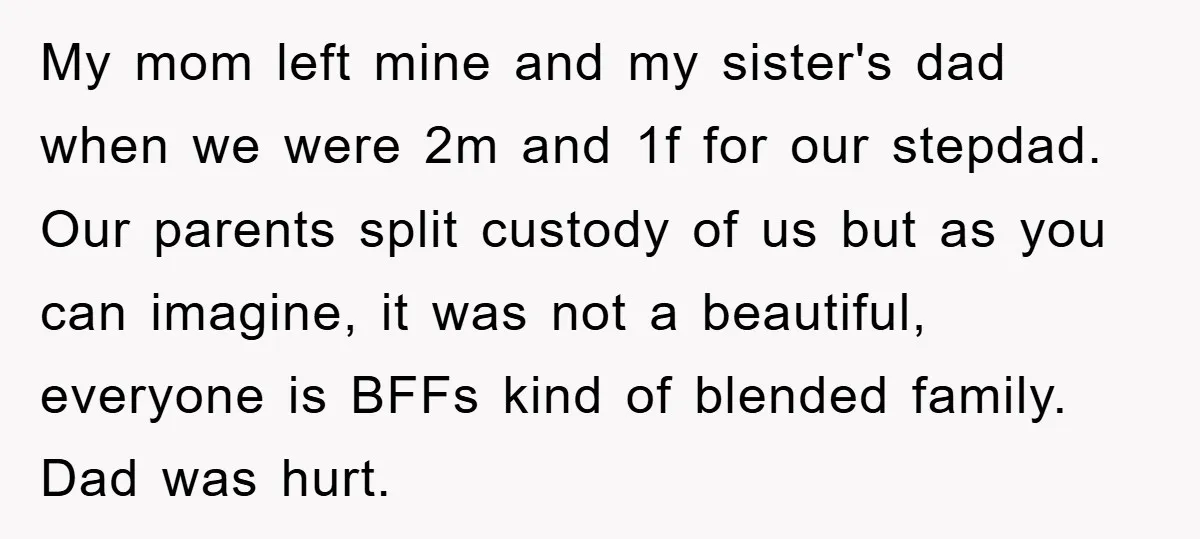 My mom left mine and my sister's dad when we were 2m and 1f for our stepdad. Our parents split custody of us but as you can imagine, it was...