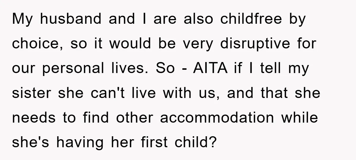 My husband and I are also childfree by choice, so it would be very disruptive for our personal lives. So - AITA if I tell my sister she can't live...