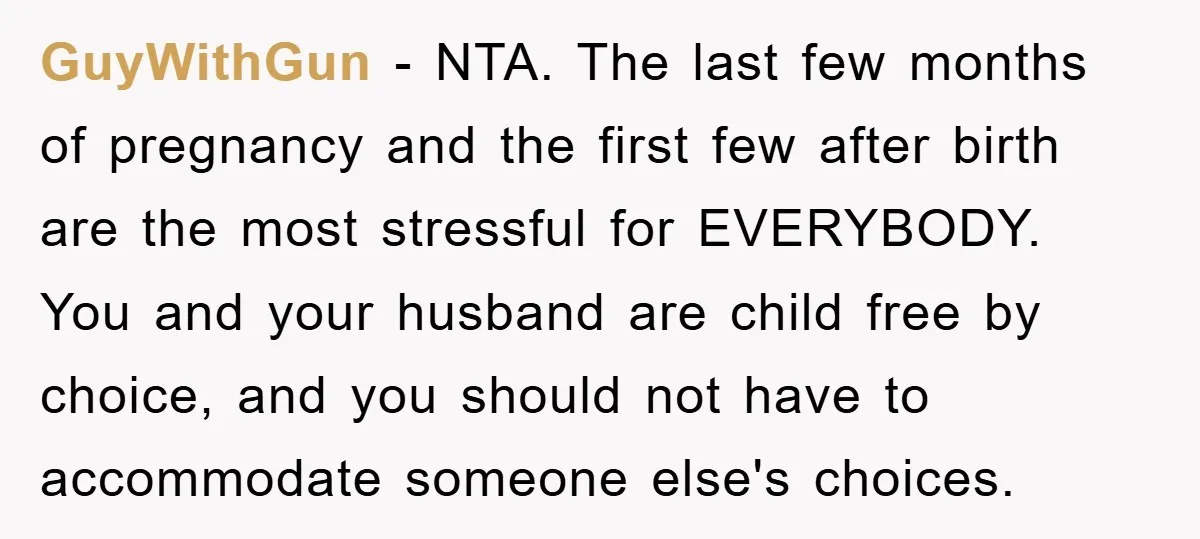 GuyWithGun − NTA. The last few months of pregnancy and the first few after birth are the most stressful for EVERYBODY. You and your husband are child free by choice,...