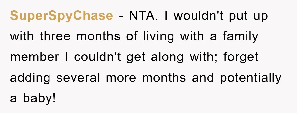 SuperSpyChase − NTA. I wouldn't put up with three months of living with a family member I couldn't get along with; forget adding several more months and potentially a baby!