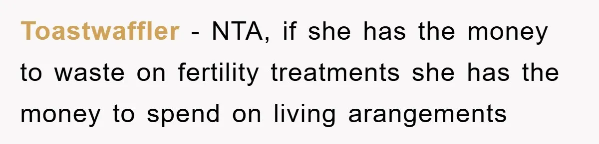 Toastwaffler − NTA, if she has the money to waste on fertility treatments she has the money to spend on living arangements