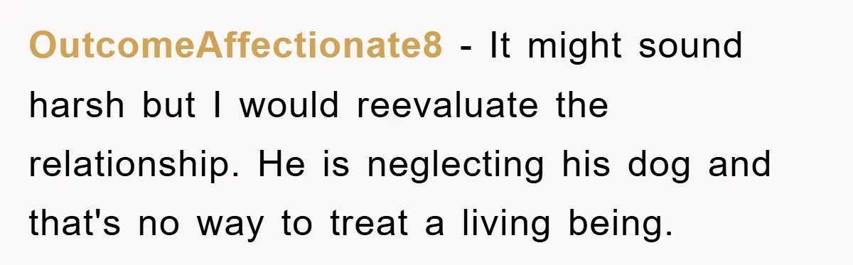 OutcomeAffectionate8 − It might sound harsh but I would reevaluate the relationship. He is neglecting his dog and that's no way to treat a living being.