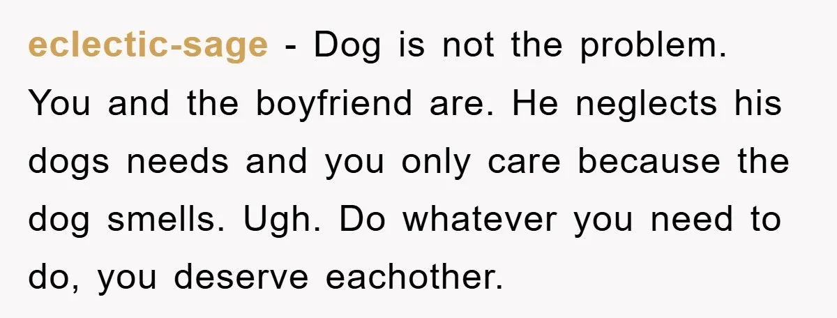 eclectic-sage − Dog is not the problem. You and the boyfriend are. He neglects his dogs needs and you only care because the dog smells. Ugh. Do whatever you need...
