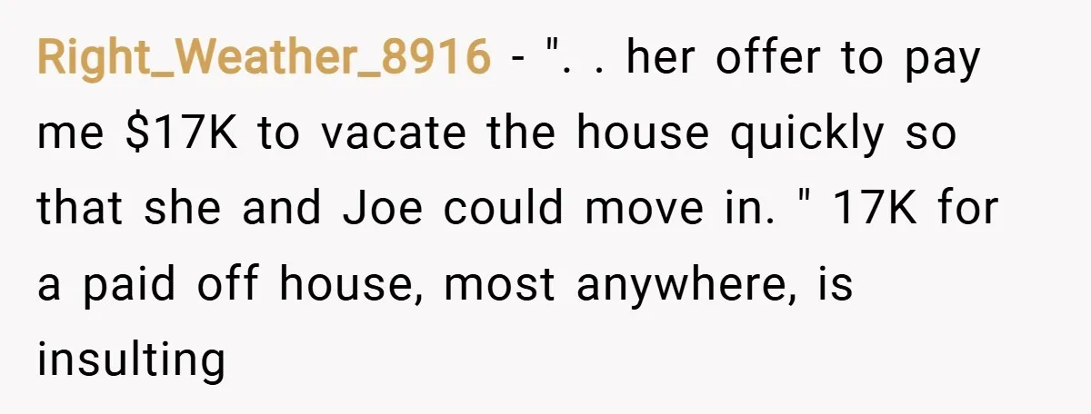 Right_Weather_8916 − ". . her offer to pay me $17K to vacate the house quickly so that she and Joe could move in. " 17K for a paid off house,...