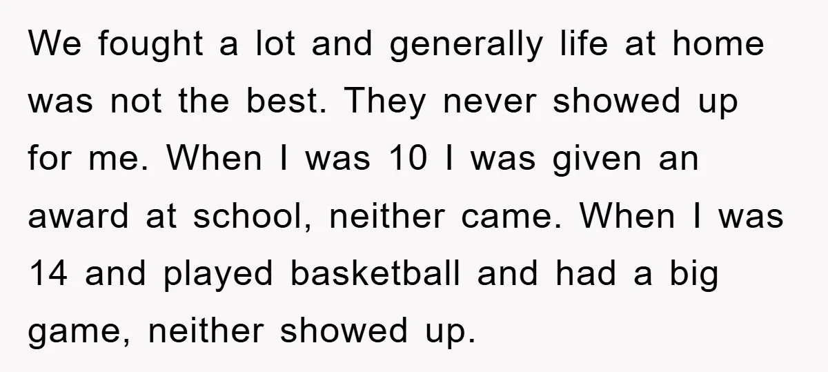 We fought a lot and generally life at home was not the best. They never showed up for me. When I was 10 I was given an award at school,...