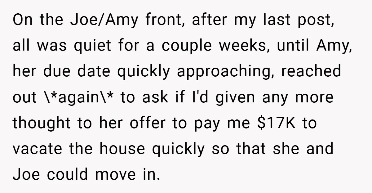 On the Joe/Amy front, after my last post, all was quiet for a couple weeks, until Amy, her due date quickly approaching, reached out \*again\* to ask if I'd given...