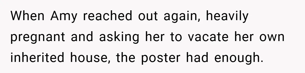 When Amy reached out again, heavily pregnant and asking her to vacate her own inherited house, the poster had enough.