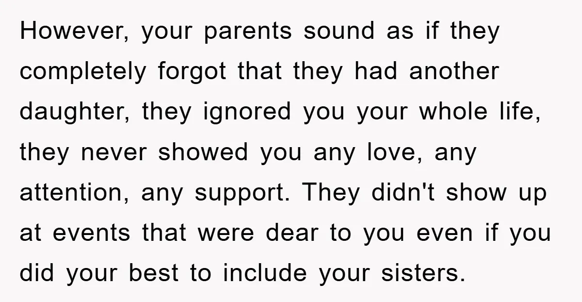 However, your parents sound as if they completely forgot that they had another daughter, they ignored you your whole life, they never showed you any love, any attention, any support....