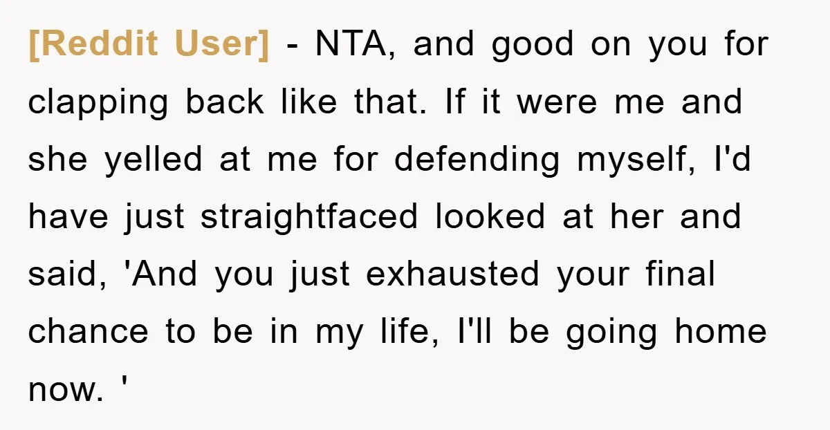 [Reddit User] − NTA, and good on you for clapping back like that. If it were me and she yelled at me for defending myself, I'd have just straightfaced looked...
