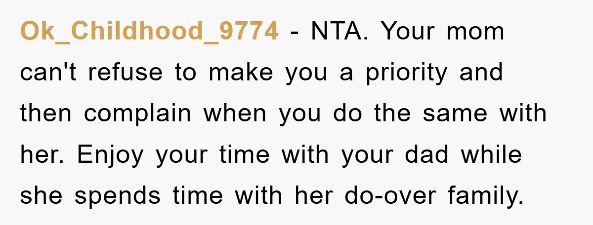 Ok_Childhood_9774 − NTA. Your mom can't refuse to make you a priority and then complain when you do the same with her. Enjoy your time with your dad while she...