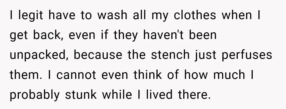 I legit have to wash all my clothes when I get back, even if they haven't been unpacked, because the stench just perfuses them. I cannot even think of how...