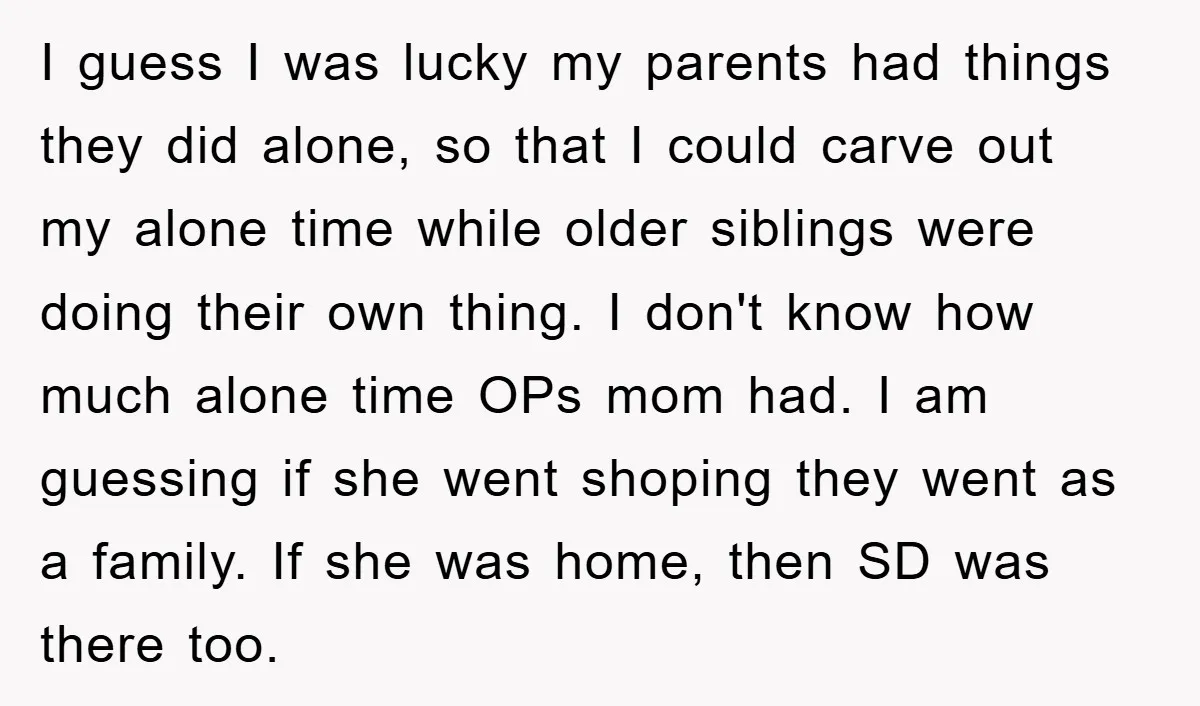 I guess I was lucky my parents had things they did alone, so that I could carve out my alone time while older siblings were doing their own thing. I...