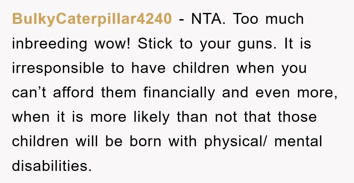 BulkyCaterpillar4240 − NTA. Too much inbreeding wow! Stick to your guns. It is irresponsible to have children when you can’t afford them financially and even more, when it is more...