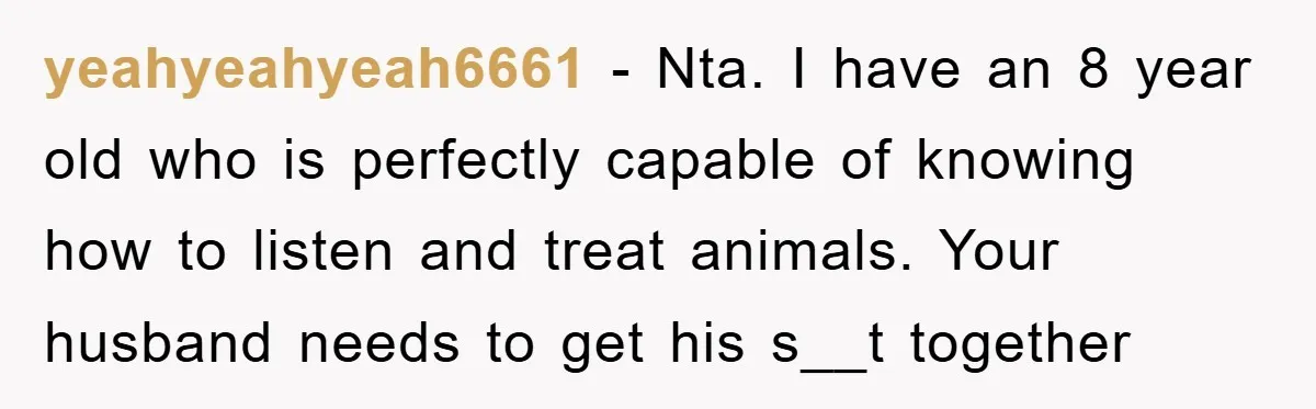 yeahyeahyeah6661 − Nta. I have an 8 year old who is perfectly capable of knowing how to listen and treat animals. Your husband needs to get his s__t together