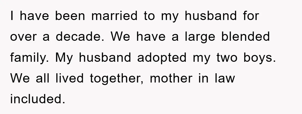 I have been married to my husband for over a decade. We have a large blended family. My husband adopted my two boys. We all lived together, mother in law...