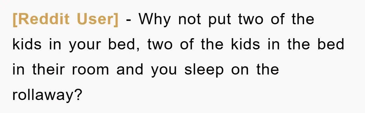[Reddit User] - Why not put two of the kids in your bed, two of the kids in the bed in their room and you sleep on the rollaway?