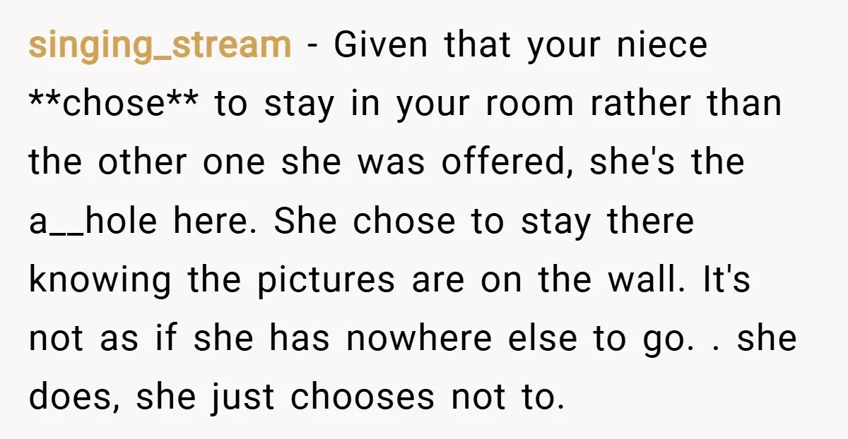 singing_stream − Given that your niece **chose** to stay in your room rather than the other one she was offered, she's the a__hole here. She chose to stay there knowing...