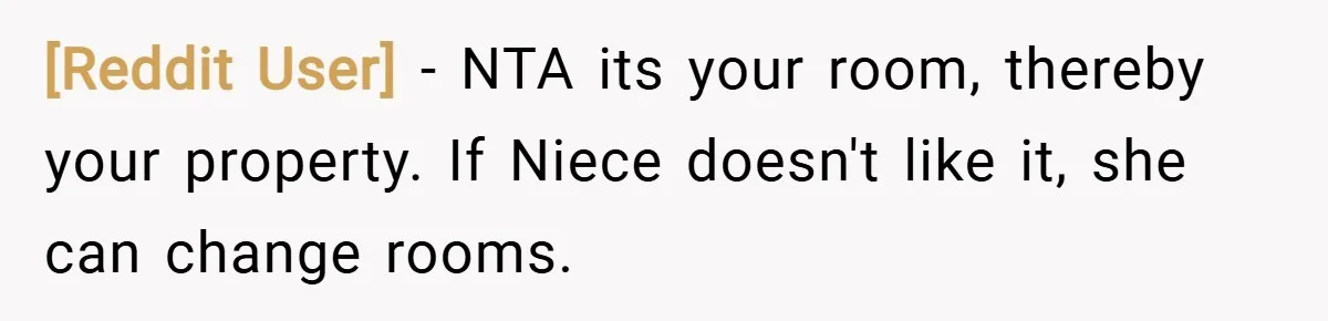 [Reddit User] − NTA its your room, thereby your property. If Niece doesn't like it, she can change rooms.