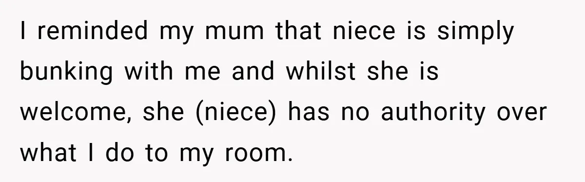 I reminded my mum that niece is simply bunking with me and whilst she is welcome, she (niece) has no authority over what I do to my room.