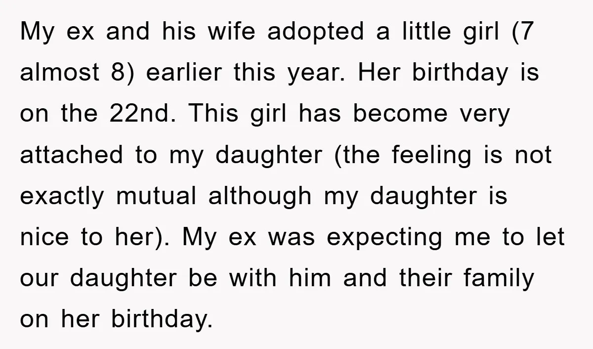 My ex and his wife adopted a little girl (7 almost 8) earlier this year. Her birthday is on the 22nd. This girl has become very attached to my daughter...