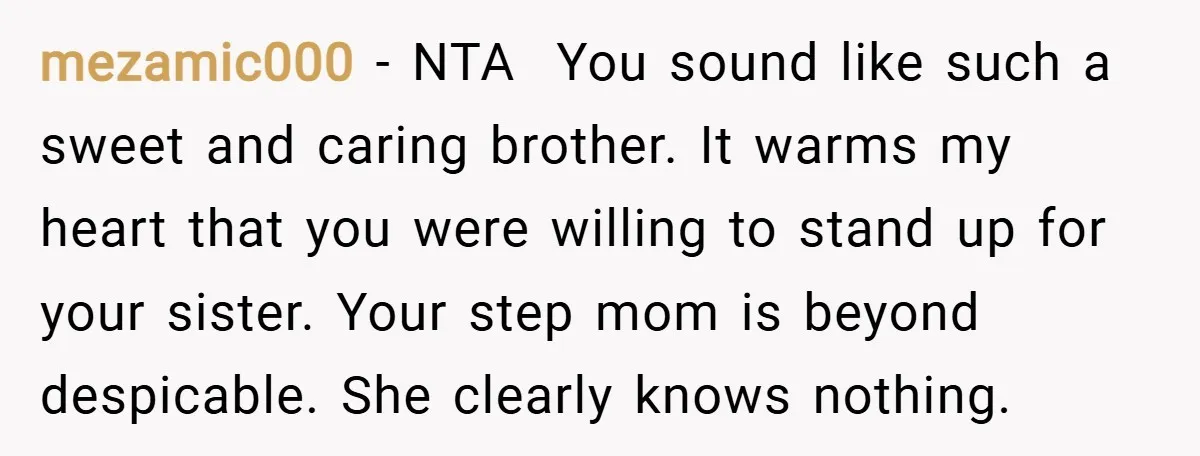 mezamic000 − NTA You sound like such a sweet and caring brother. It warms my heart that you were willing to stand up for your sister. Your step mom is...