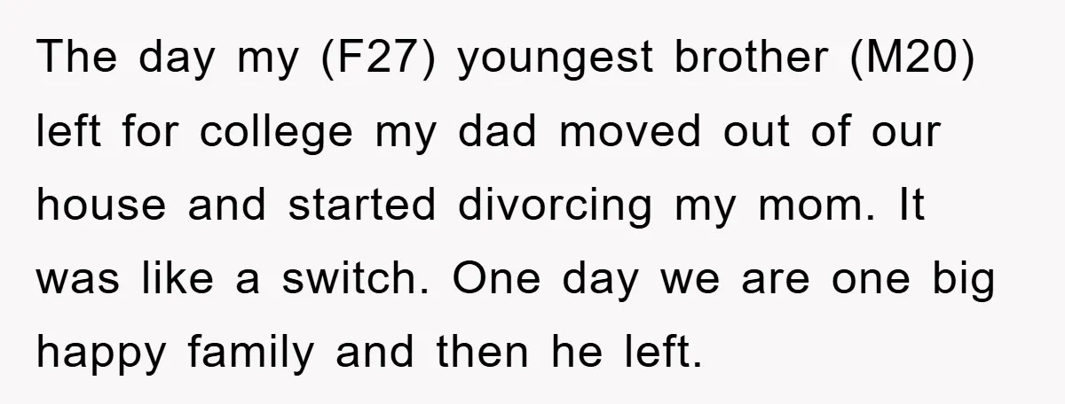 The day my (F27) youngest brother (M20) left for college my dad moved out of our house and started divorcing my mom. It was like a switch. One day we...