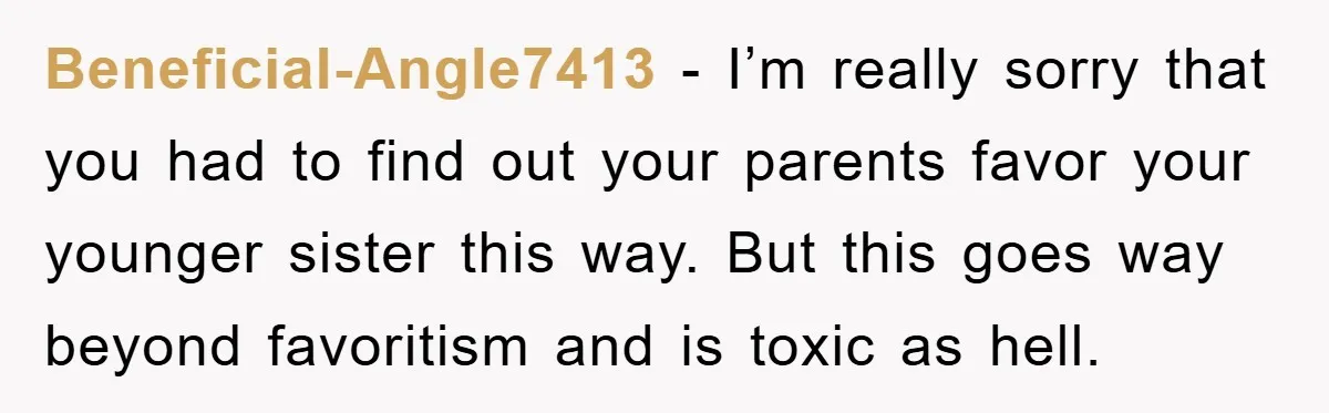 Beneficial-Angle7413 - I’m really sorry that you had to find out your parents favor your younger sister this way. But this goes way beyond favoritism and is toxic as hell.