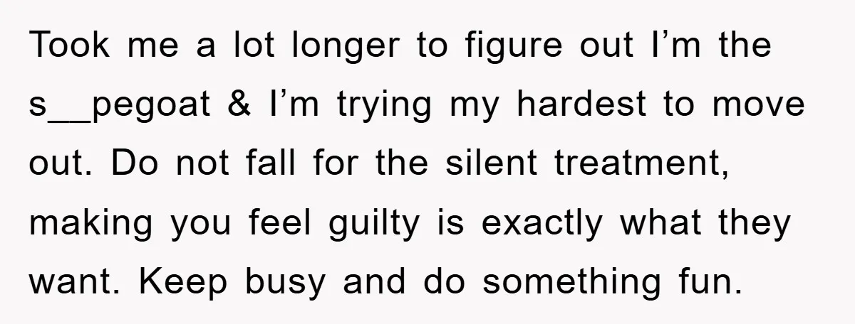 Took me a lot longer to figure out I’m the s__pegoat & I’m trying my hardest to move out. Do not fall for the silent treatment, making you feel guilty...