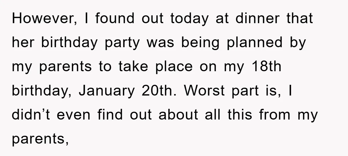 However, I found out today at dinner that her birthday party was being planned by my parents to take place on my 18th birthday, January 20th. Worst part is, I...