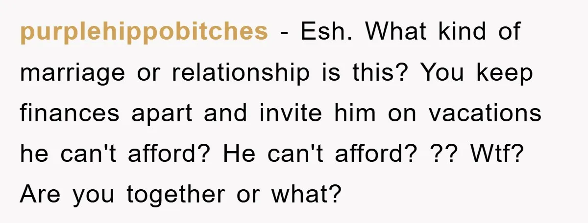 purplehippobitches − Esh. What kind of marriage or relationship is this? You keep finances apart and invite him on vacations he can't afford? He can't afford? ?? Wtf? Are you...