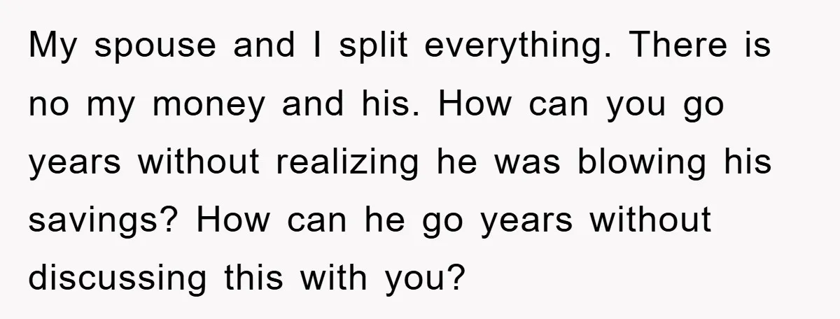 My spouse and I split everything. There is no my money and his. How can you go years without realizing he was blowing his savings? How can he go years...