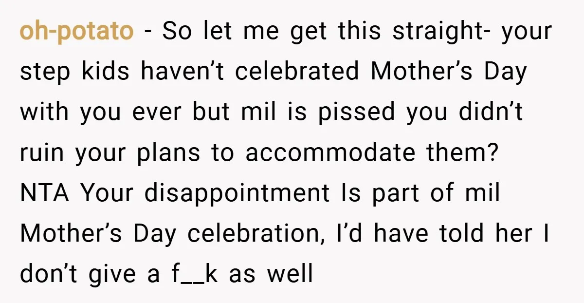 oh-potato − So let me get this straight- your step kids haven’t celebrated Mother’s Day with you ever but mil is pissed you didn’t ruin your plans to accommodate them?...
