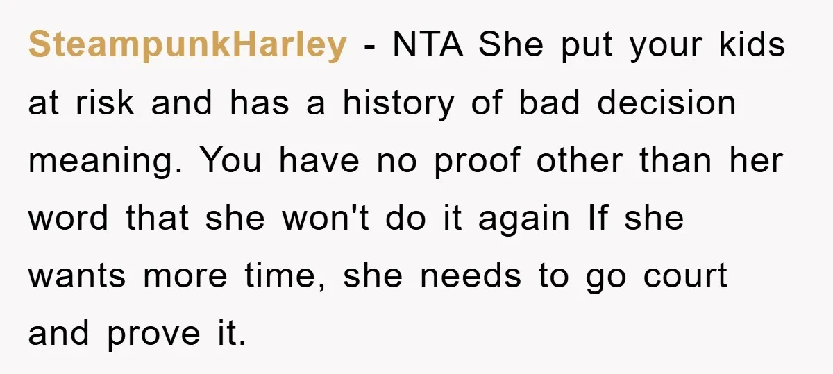 SteampunkHarley − NTA She put your kids at risk and has a history of bad decision meaning. You have no proof other than her word that she won't do it...