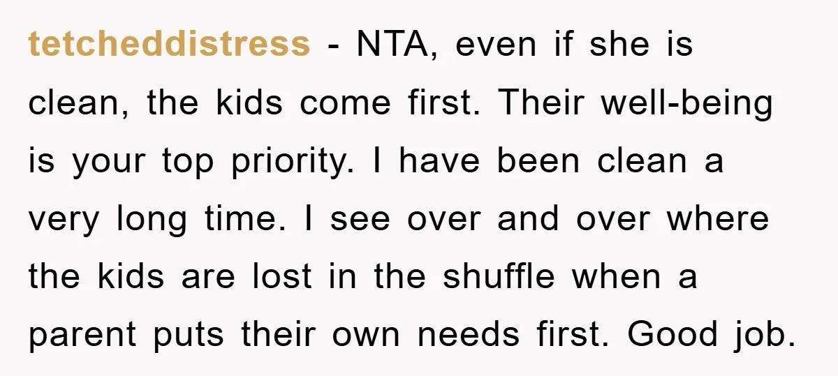 tetcheddistress − NTA, even if she is clean, the kids come first. Their well-being is your top priority. I have been clean a very long time. I see over and...