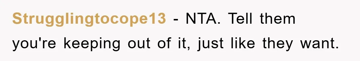 Strugglingtocope13 - NTA. Tell them you're keeping out of it, just like they want.