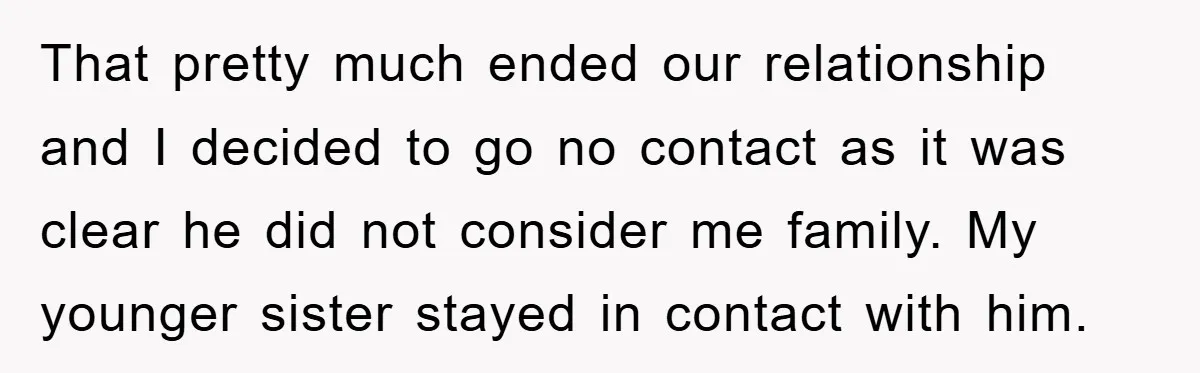 That pretty much ended our relationship and I decided to go no contact as it was clear he did not consider me family. My younger sister stayed in contact with...