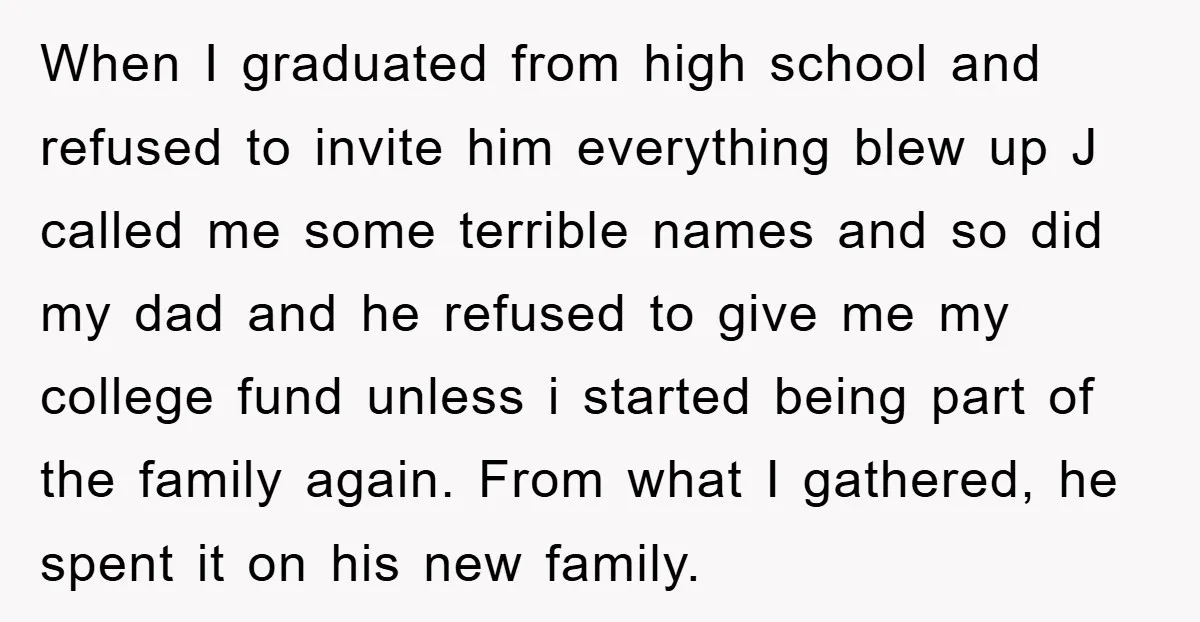 When I graduated from high school and refused to invite him everything blew up J called me some terrible names and so did my dad and he refused to give...