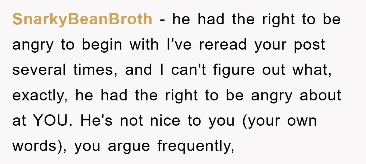 SnarkyBeanBroth − he had the right to be angry to begin with I've reread your post several times, and I can't figure out what, exactly, he had the right to...