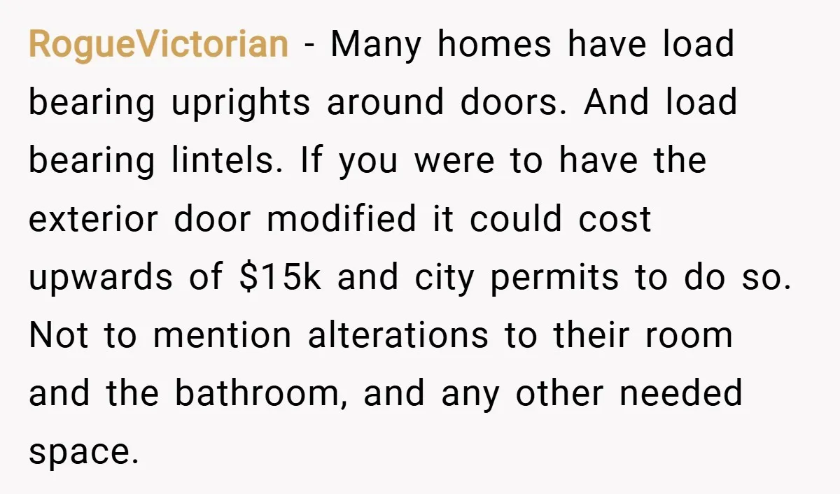 RogueVictorian − Many homes have load bearing uprights around doors. And load bearing lintels. If you were to have the exterior door modified it could cost upwards of $15k and...