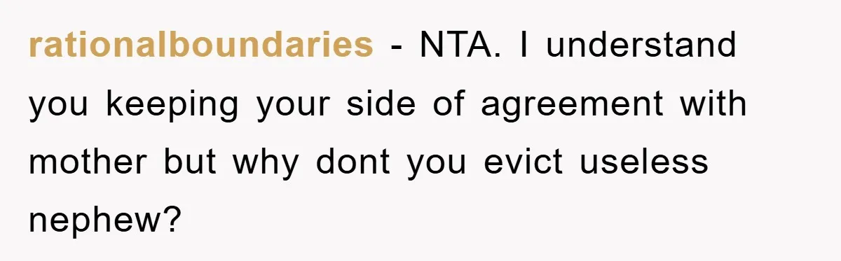 rationalboundaries − NTA. I understand you keeping your side of agreement with mother but why dont you evict useless nephew?