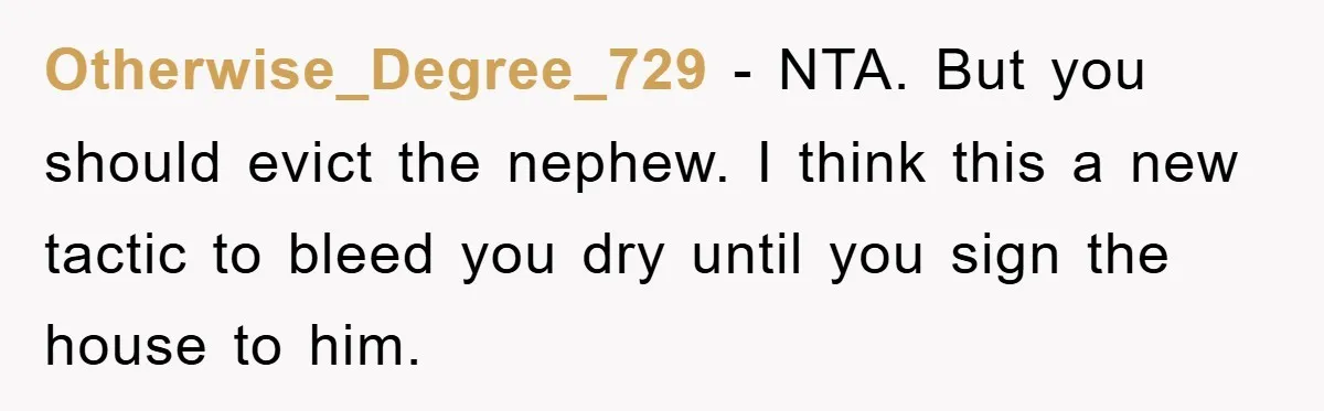 Otherwise_Degree_729 − NTA. But you should evict the nephew. I think this a new tactic to bleed you dry until you sign the house to him.