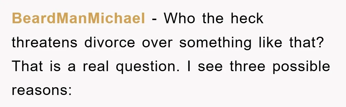BeardManMichael − Who the heck threatens divorce over something like that? That is a real question. I see three possible reasons: