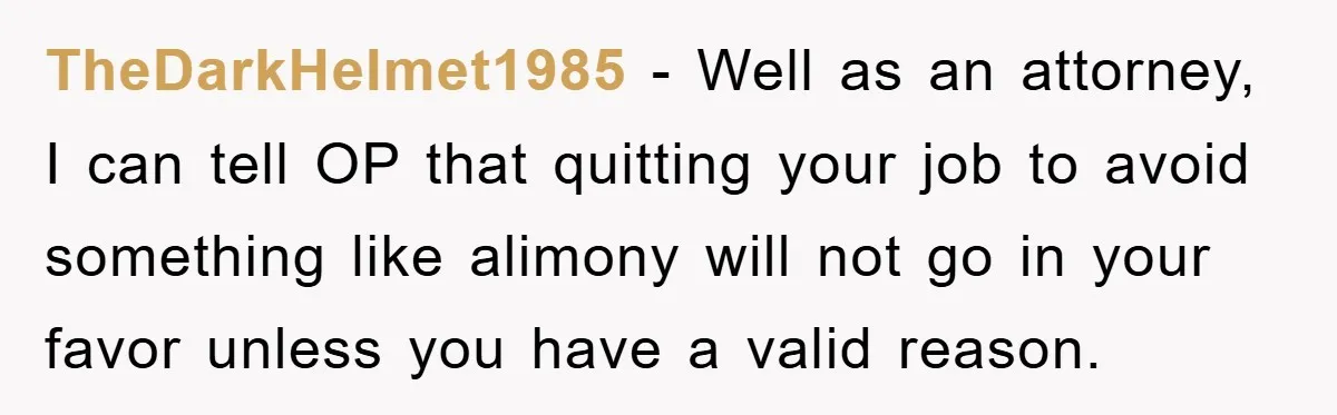 TheDarkHelmet1985 − Well as an attorney, I can tell OP that quitting your job to avoid something like alimony will not go in your favor unless you have a valid...