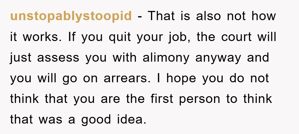 unstopablystoopid − That is also not how it works. If you quit your job, the court will just assess you with alimony anyway and you will go on arrears. I...