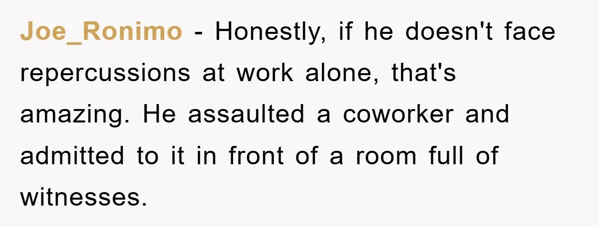 Joe_Ronimo − Honestly, if he doesn't face repercussions at work alone, that's amazing. He assaulted a coworker and admitted to it in front of a room full of witnesses.