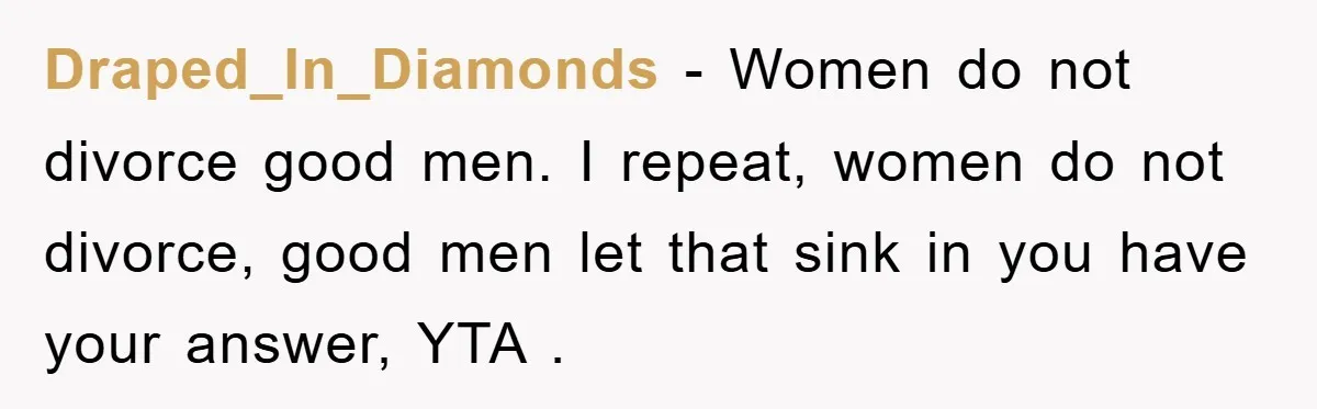 Draped_In_Diamonds − Women do not divorce good men. I repeat, women do not divorce, good men let that sink in you have your answer, YTA .
