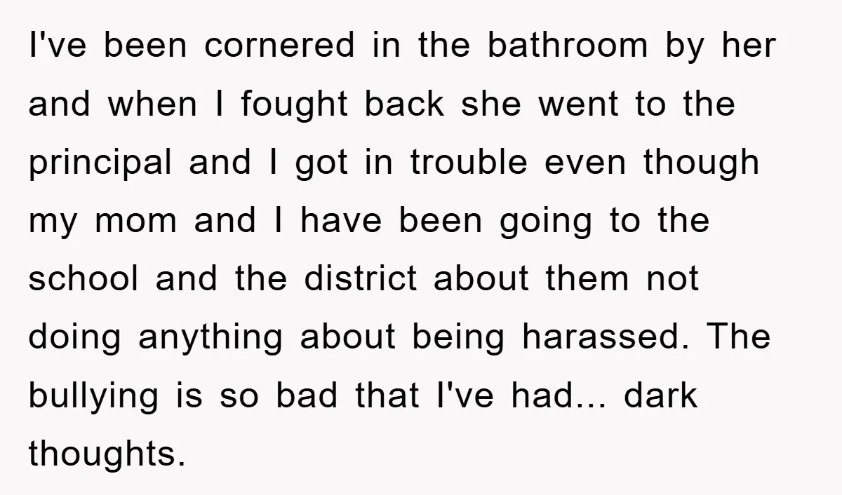 I've been cornered in the bathroom by her and when I fought back she went to the principal and I got in trouble even though my mom and I have...