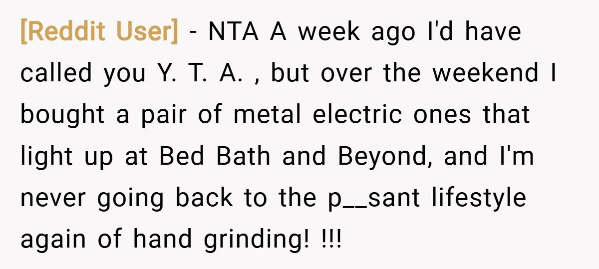 [Reddit User] − NTA A week ago I'd have called you Y. T. A. , but over the weekend I bought a pair of metal electric ones that light up...