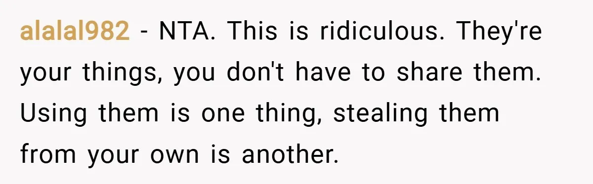 alalal982 − NTA. This is ridiculous. They're your things, you don't have to share them. Using them is one thing, stealing them from your own is another.
