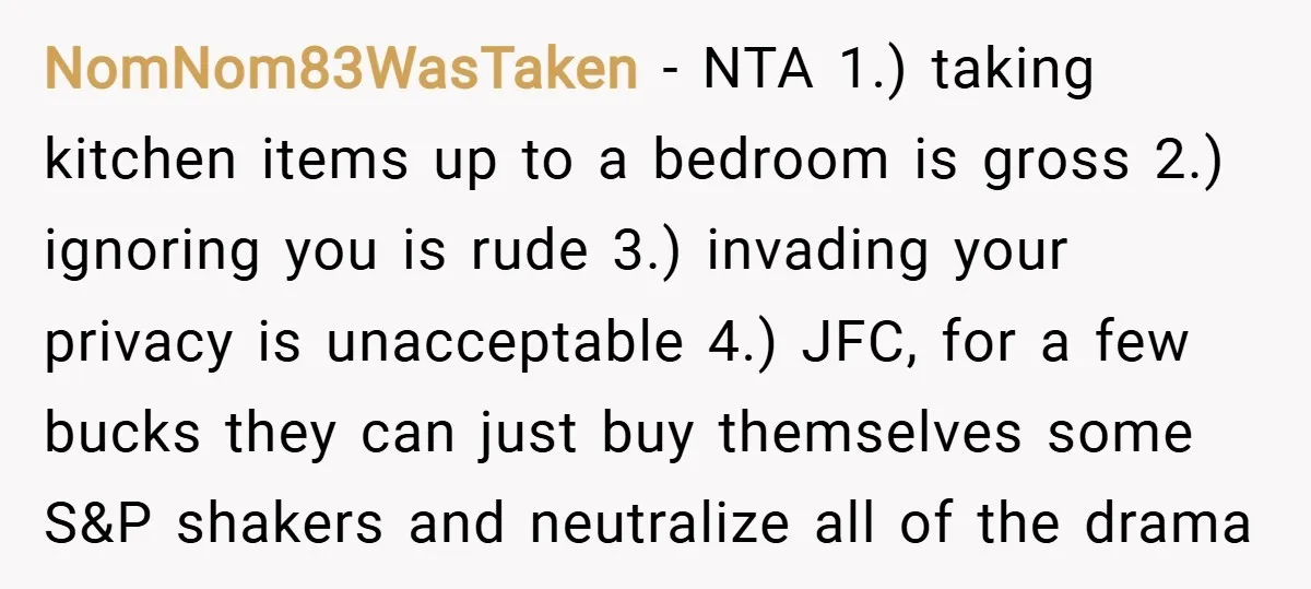 NomNom83WasTaken − NTA 1.) taking kitchen items up to a bedroom is gross 2.) ignoring you is rude 3.) invading your privacy is unacceptable 4.) JFC, for a few bucks...